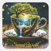 Fantasy theekopje miniatuur wereld watervallen vierkante sticker (Voorkant)