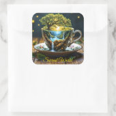 Fantasy theekopje miniatuur wereld watervallen vierkante sticker (Tas)
