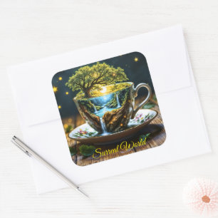 Fantasy theekopje miniatuur wereld watervallen vierkante sticker