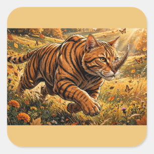 Fantasy Tijgerkat – Gouden Herfst Avontuur Vierkante Sticker