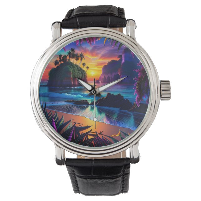 Fantasy Tropical Beach Drie Horloge (Voorkant)