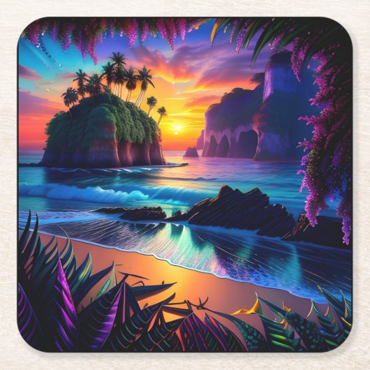 Fantasy Tropical Beach Drie Kartonnen Onderzetters (Voorkant)