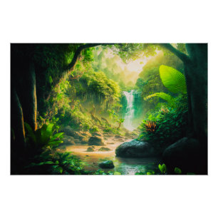 Fantasy Tropical Paradise Landscape met Waterval Perfect Poster