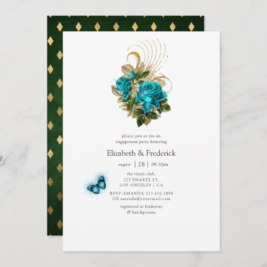Fantasy Turquoise en Gold Engagement Party Kaart (Voorkant / Achterkant)