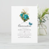 Fantasy Turquoise en Gold Quinceañera Kaart (Staand voorkant)