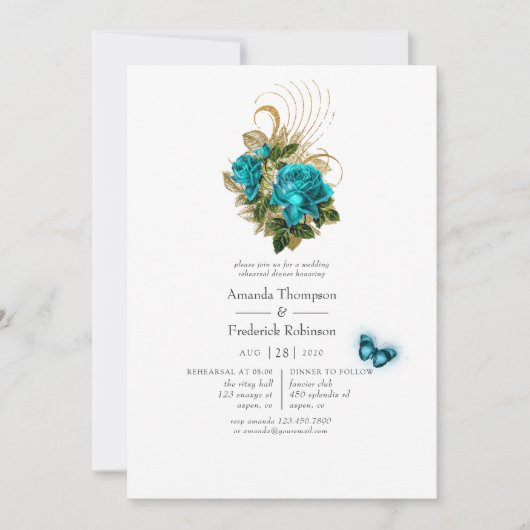 Fantasy Turquoise en Gold Rehearsal Dinner Kaart (Voorkant)