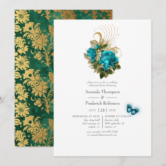 Fantasy Turquoise en Gold Rehearsal Dinner Kaart (Voorkant / Achterkant)