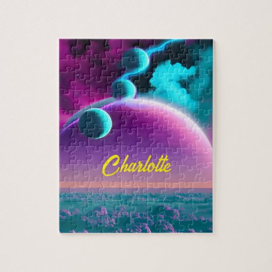 Fantasy Turquoise Planeten Over Paarse Planeten Legpuzzel (Verticaal)