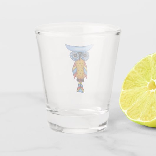Fantasy Uil Blauw Hoofd Ogen Geel Lichaam Kleurrij Shot Glas (Achterkant)