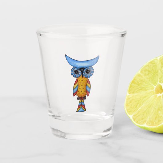 Fantasy Uil Blauw Hoofd Ogen Geel Lichaam Kleurrij Shot Glas (Voorkant)