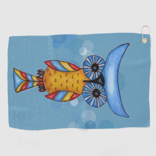 Fantasy Uil Grote Ronde ogen Blauw Hoofd op Cirkel Golfhanddoek (Horizontaal)