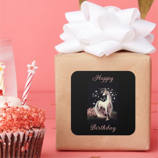 Fantasy Unicorn Birthday Vierkante Sticker (Feest)