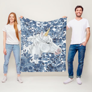 Fantasy Unicorn Blue Flowers Butterflies Girl Fleece Deken