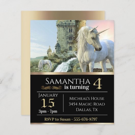 Fantasy Unicorn Medieval Castle Metallic Birthday (Voorkant / Achterkant)