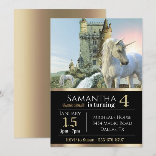 Fantasy Unicorn Medieval Castle Metallic Birthday Kaart (Voorkant / Achterkant)
