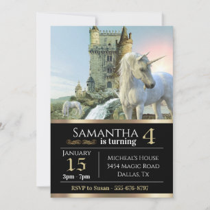 Fantasy Unicorn Medieval Castle Metallic Birthday Kaart