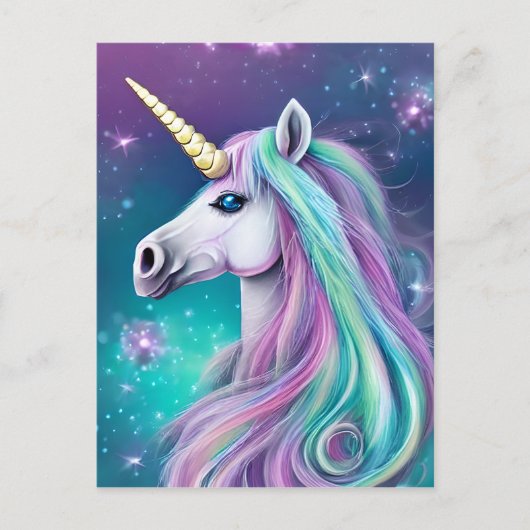 Fantasy Unicorn met blauw en roze haar Briefkaart (Voorkant)