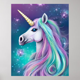Fantasy Unicorn met blauw en roze haar Poster