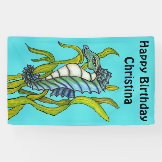 Fantasy Verjaardag Aqua Blue Seahorse Zeewier Spandoek (Horizontaal)