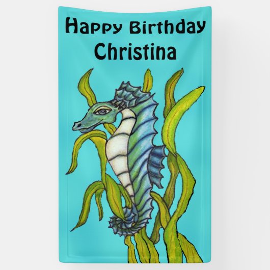 Fantasy Verjaardag Aqua Blue Seahorse Zeewier Spandoek (Verticaal)