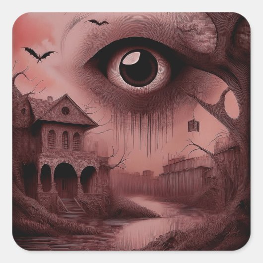 Fantasy: Vervallen huis met reusachtige oogbol Vierkante Sticker (Voorkant)