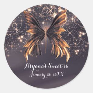 Fantasy Vlinder Goud Glitter Ronde Sticker