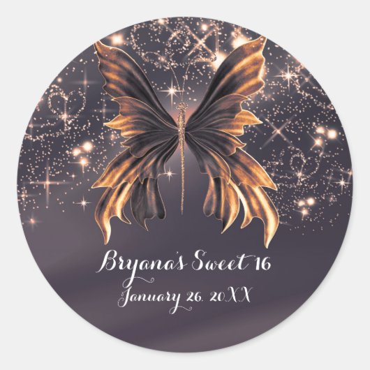 Fantasy Vlinder Goud Glitter Ronde Sticker (Voorkant)