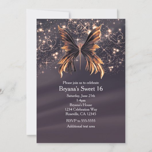 Fantasy Vlinder Gouden Glitter Feest Kaart (Voorkant)