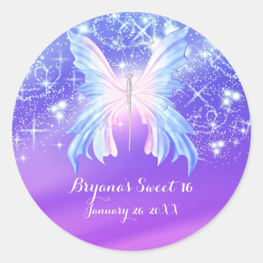 Fantasy Vlinder Roze & Paarse Glans Ronde Sticker (Voorkant)