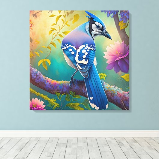 Fantasy Vogels Blauwe Jay Canvas Afdruk (Insitu (Houten vloer))