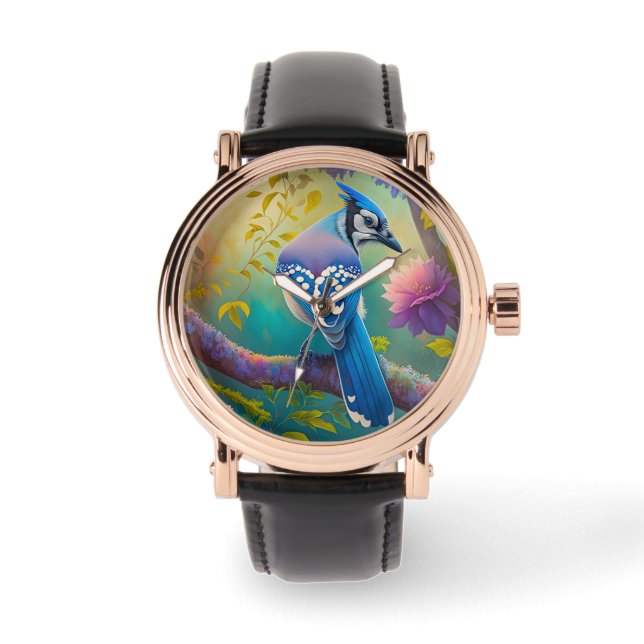 Fantasy Vogels Blauwe Jay Horloge (Voorkant)