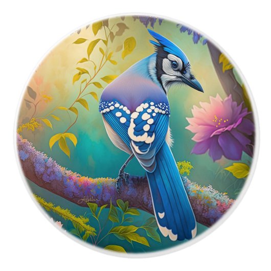 Fantasy Vogels Blauwe Jay Keramische Knop (Voorkant)