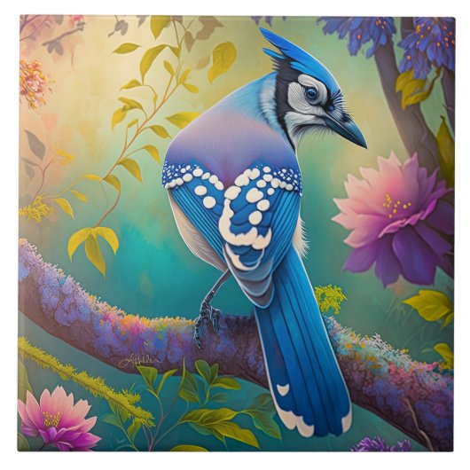 Fantasy Vogels Blauwe Jay Tegeltje (Voorkant)