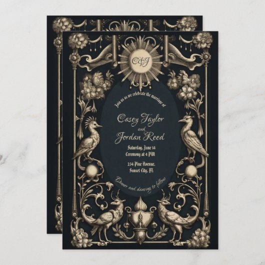 Fantasy Vogels Gotische bruiloft uitnodiging donke (Voorkant / Achterkant)