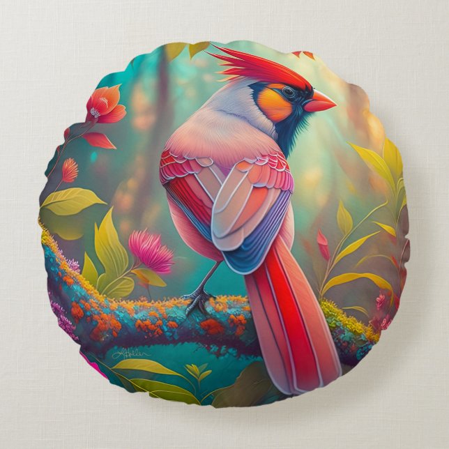 Fantasy Vogels Mannelijk Kardinaal Rond Kussen (Voorkant)