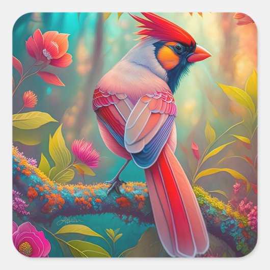 Fantasy Vogels Mannelijk Kardinaal Vierkante Sticker (Voorkant)