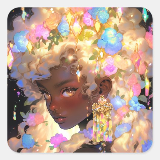 Fantasy Vrouw Afrikaanse Amerikaanse Kunst Vierkante Sticker (Voorkant)