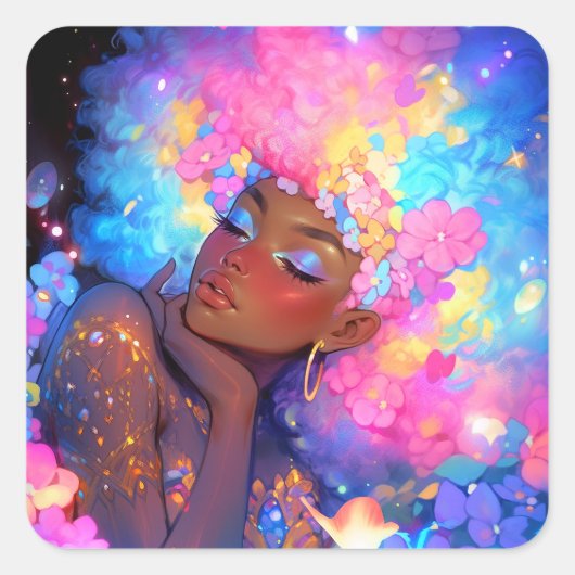 Fantasy Vrouw Afrikaanse Amerikaanse Kunst Vierkante Sticker (Voorkant)