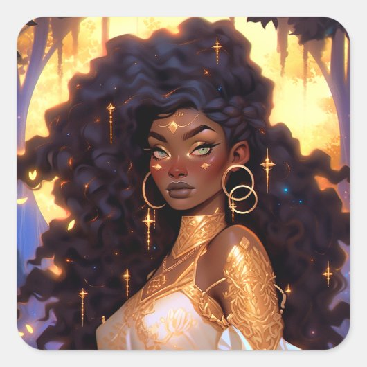 Fantasy Vrouw Afrikaanse Amerikaanse Kunst Vierkante Sticker (Voorkant)