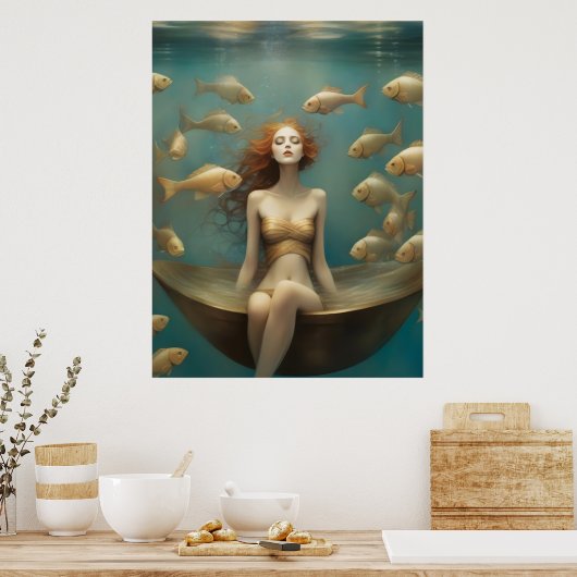 Fantasy Vrouw Badend Onder de Oceaan Poster (Keuken)