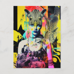 Fantasy Vrouw en Dieren Kleurrijke Collage Briefkaart