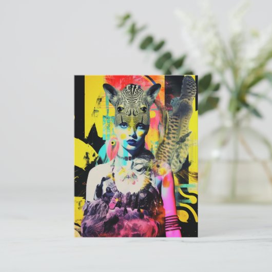 Fantasy Vrouw en Dieren Kleurrijke Collage Briefkaart (Staand voorkant)