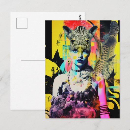 Fantasy Vrouw en Dieren Kleurrijke Collage Briefkaart (Voorkant / Achterkant)