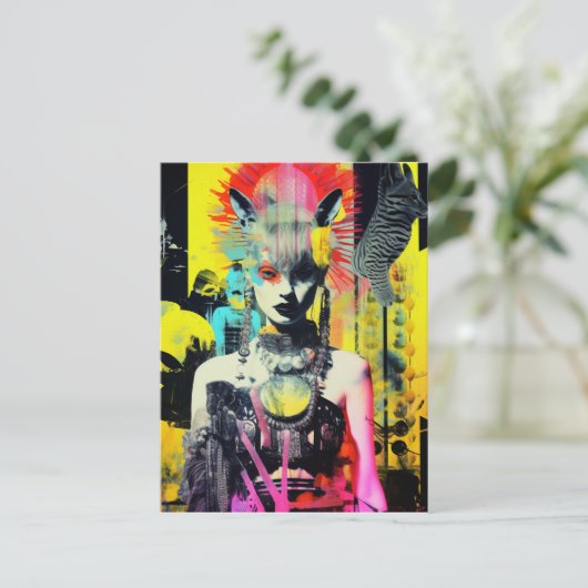 Fantasy Vrouw en Dieren Kleurrijke Collage Briefkaart (Staand voorkant)