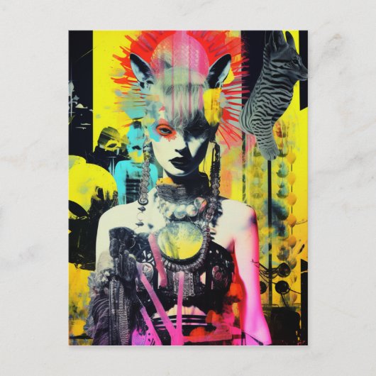 Fantasy Vrouw en Dieren Kleurrijke Collage Briefkaart (Voorkant)