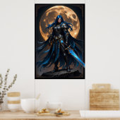 Fantasy Warrior Woman with Blue Hair and a Glowing Poster (Keuken)