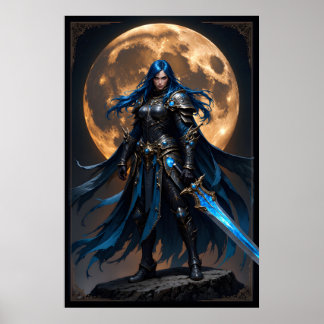 Fantasy Warrior Woman with Blue Hair and a Glowing Poster