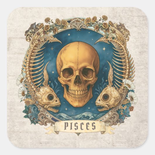 Fantasy  Waterman Dierenriem Teken Unieke Schedel Vierkante Sticker (Voorkant)