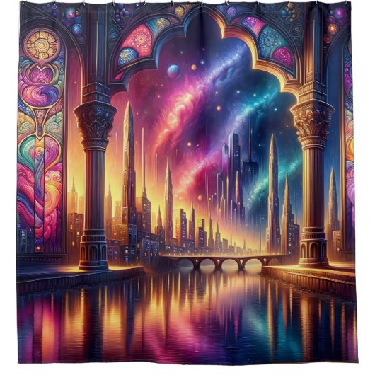 Fantasy Waterscape met Glas in lood Arch Douchegordijn (Voorkant)