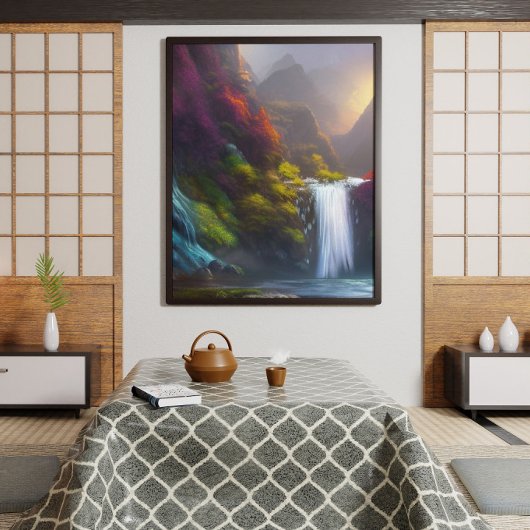 Fantasy Waterval, Berg en Bos Natuur Kunst Poster